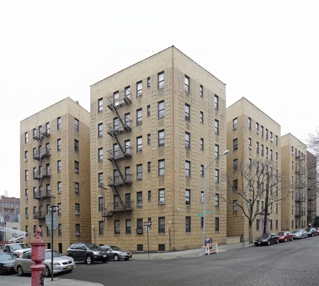 Six-story tan-brick residential building with fire escapes on a city street corner